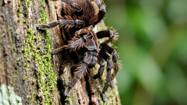 A large, hairy tarantula with dark brown coloration, its hairy legs firmly gripping the textured bark of a moss-covered tree trunk in its natural, lush green jungle habitat, showcasing its