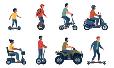Modern personal mobility vehicles set with people riding © tere