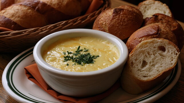 Warm Swiss Cheese Fondue Melting Elegantly in a Traditional Caquelon Pot Surrounded by a Medley of Crispy Breads and Vibrant Vegetables