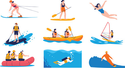 Water Sports and Adventure Activities Vector Illustration Set © Farajul