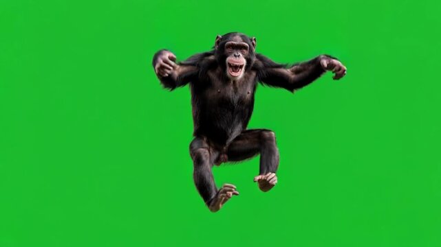 Chimpanzee Jumping Energetically and Swinging Arms on Green Screen Background Realistic Primate Movement for Wildlife VFX