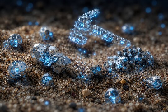 Microscopic view of smart sand nanobots self-assembling in a desert environment with glowing blue lights, concept of nanotechnology, advanced materials, and future robotics