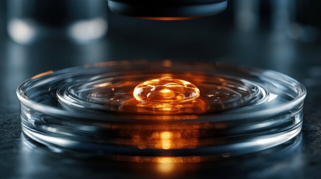 Single embryo rests in glass petri dish under microscope light in IVF lab. Warm amber glow contrasts with cool glass surface in scientific setting.