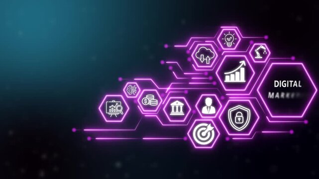 Digital marketing business and technology icons concept. Modern Technology, Internet and social media icons on drank background. 4K video animation