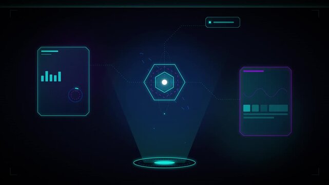 Neon, futuristic, digital interface elements, glowing blue and green, tech background, UI, HUD, infographic, 3D, modern, cyberpunk, screens, dashboard, futuristic, visualization