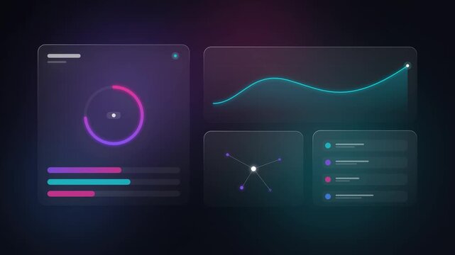 Neon UI elements, futuristic infographic templates, glowing neon graphs, dark background