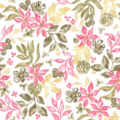 Fototapeta premium Green foliage and coral pink flowers background. Summer garden motifs. Watercolor hand painted seamless pattern for textile, fabric, packaging. Fashion floral design