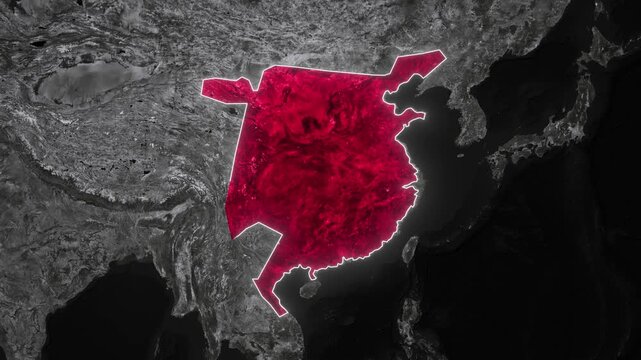 Sui Empire Map Animation around 700 AD. Documentary, glowing outline, Dark map animation of the Sui Empire. 4k.