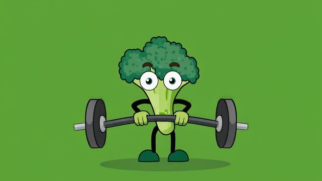 Cartoon Broccoli Character Exercising with Barbell