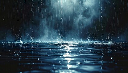 pioggia che cade su una superficie interamente coperta d'acqua durante un temporale, in un ambiente astratto e oscuro
