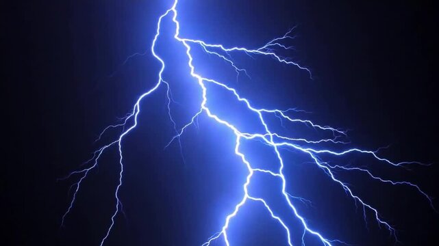 Bright blue electric lightning arc striking in darkness, high voltage energy concept
