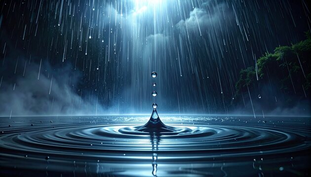 goccia d'acqua che cade su una superficie liscia e tutta coperta d'acqua, creando schizzi e piccole onde in primo piano, durante un temporale, in un ambiente astratto e buio, illustrazione 3D