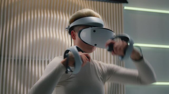 Gaming Caucasian woman in virtual reality helmet boxing pretend play box in futuristic game club girl female in VR glasses playing futurism metaverse technology addicted 3d world exploring cyberspace