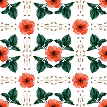 Watercolor Seamless Pattern with Red Poppy Flowers, Green Leaves, and Gold Flourishes