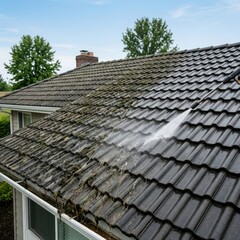 Naklejka premium Cleaning a moss-covered roof with a pressure washer, highlighting the cleaning process.