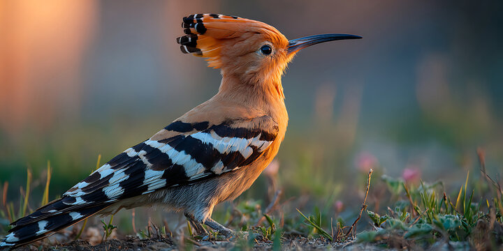 Eurasian Hoopoe Bird with Mohawk Crest Standing in Grass