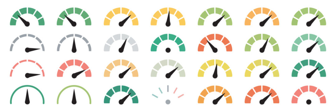 Speedometer gauge meter icons, vector performance scale indicators with dashboard arrows, risk level infographic, score progress and barometer symbols.