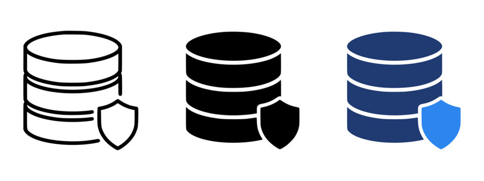 Database security icon set with stacked disks and shield overlay, outline and solid versions, server icons, tech icons for data protection, cybersecurity and database industry - stock vector
