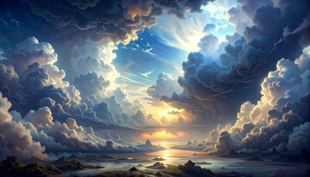 vista panoramica su un bellissimo paesaggio naturale di fantasia, al tramonto, avvolto nelle nuvole, illustrazione 3D