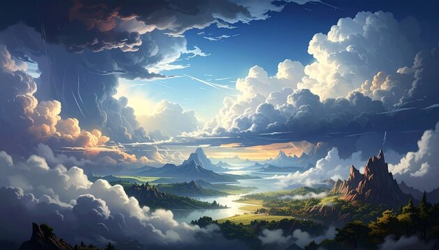 vista panoramica su un bellissimo paesaggio naturale di fantasia, al tramonto, avvolto nelle nuvole, illustrazione 3D