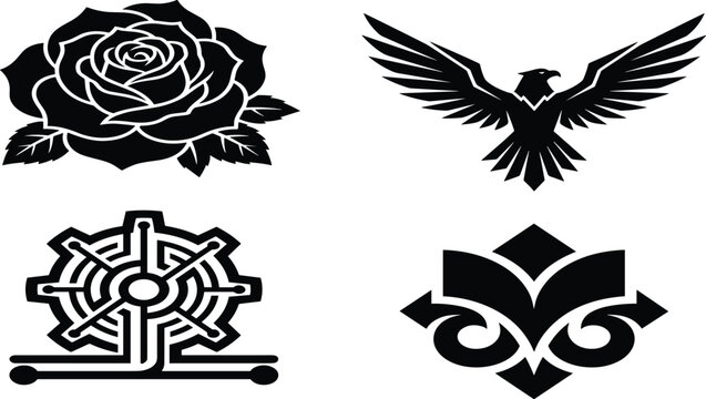 Black Tattoo Style Vector Set with Rose Eagle Dharma Wheel and Decorative Floral Emblem Symbol Design