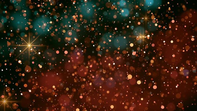 Golden glitter particles gently falling and shimmering with bright starburst light elements, creating an abstract and vibrant bokeh background for celebration, holiday, or festive themes