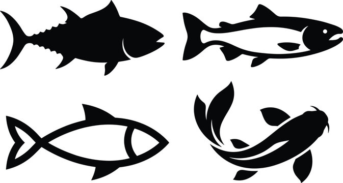 Bold Black Fish Silhouette Vector Set with Tuna Salmon Koi and Simple Fish Icon for Design Use