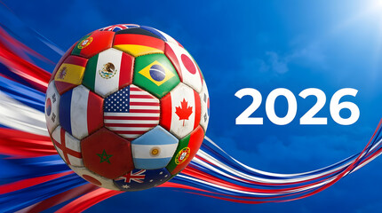 Fototapeta premium FIFA world cup 2026 soccer ball with world flags and 2026 tournament typography