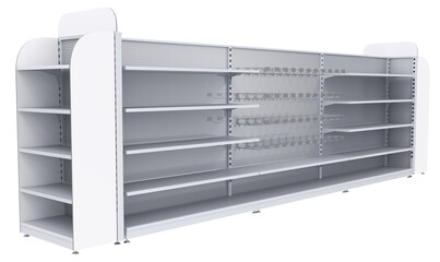 Supermarket metal gondola display rack with empty shelves, euro hooks and price holders. 3d illustration isolated on white © Wire_man