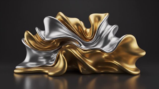 A video showcasing a mesmerizing abstract design of flowing silver and gold fabric in a dark background