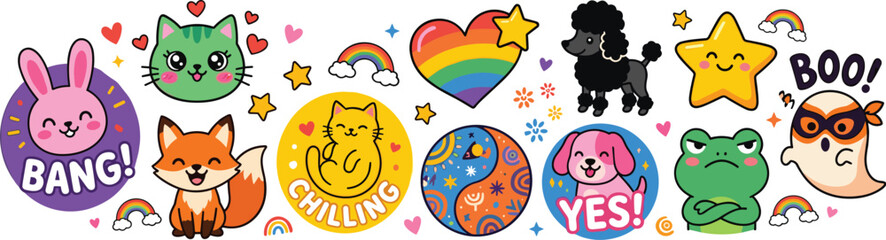 Fototapeta premium Cute cartoon sticker collection featuring animals stars rainbow speech bubbles and kawaii emoji vector illustration set