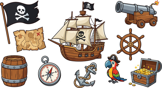 Pirate sailing adventure collection featuring ship cannon treasure map anchor and nautical cartoon vector illustration set