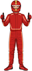Fototapeta premium Vector illustration of a racing driver in red suit giving thumbs up on white background.