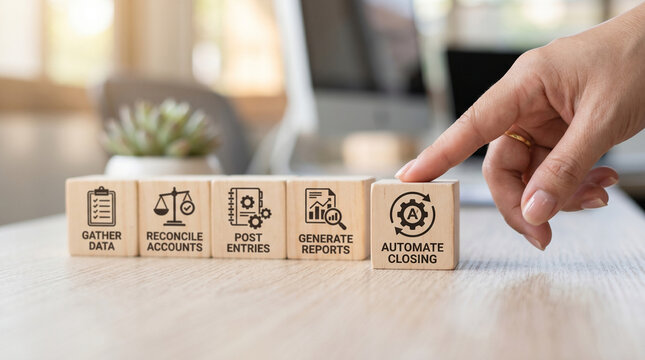 Ai financial agent for automate closing process with hand pointing to accounting blocks in office