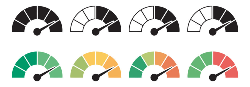 Speedometer icon set, vector gauge meters showing low, medium and high performance levels for risk analysis and interface dashboard design.