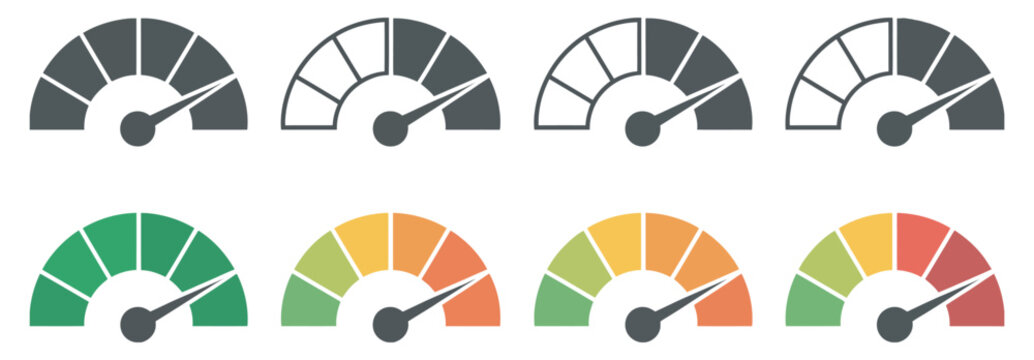 Speedometer icon set, vector gauge meters showing low, medium and high performance levels for risk analysis and interface dashboard design.