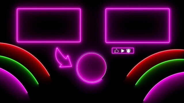 Vibrant neon pink end screen template for creators with rectangular frames and circular call to action button plus social media and curved arrow on dark abstract background