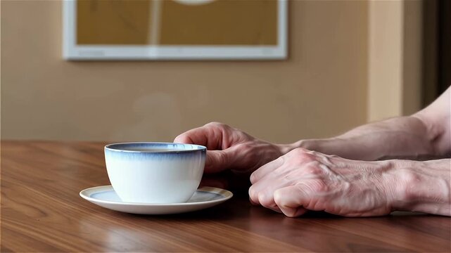 Hands of a person trembling while holding a cup of tea during a stressful moment