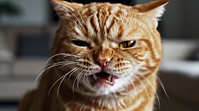 An expressive ginger tabby feline with orange stripes and green eyes opens its mouth in a fierce hiss, revealing sharp teeth and an intense scowl during a dramatic moment captured with shallow