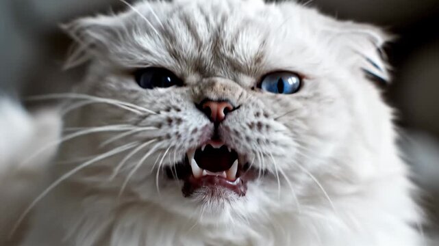 A fluffy Scottish Fold feline with piercing azure eyes bares its fangs and hisses aggressively, showcasing its fierce attitude and wild nature with a visible display of sharp teeth during its