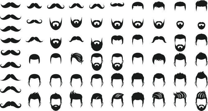 Comprehensive Men's Facial Hair Silhouette Icon Set Featuring Diverse Mustache and Beard Styles for Barbershop Branding Grooming Apps and Masculine Fashion Graphic Design Projects