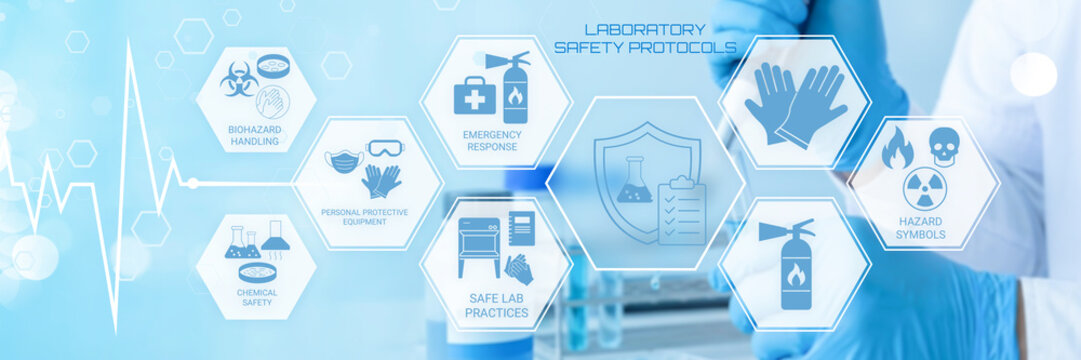 Comprehensive illustration of laboratory safety protocols featuring essential guidelines and protective measures for medical and scientific environments