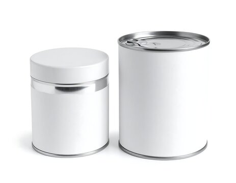Two metallic containers on a white backdrop, one a jar with a lid and the other a tall can with a ring-pull top
