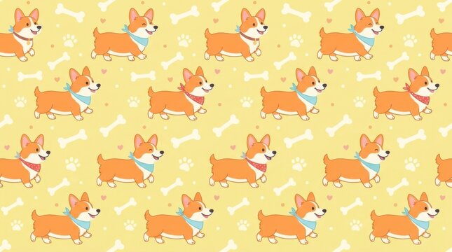 Pattern illustration featuring playful corgi dogs wearing bandanas and collars, surrounded by dog bones and paw prints on a light yellow background