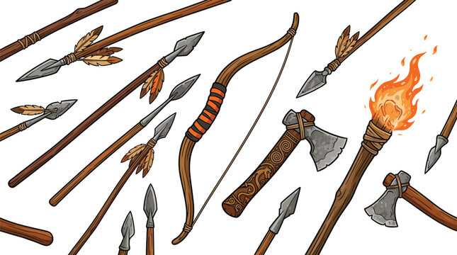 Primitive tribal weapons collection featuring spears bow arrows axes and flaming torch vintage vector illustration set