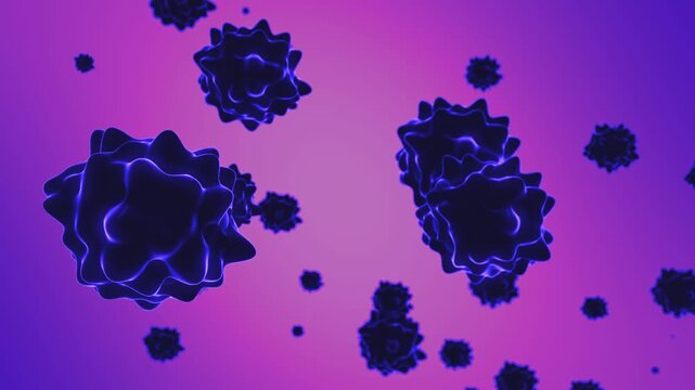 Glowing animated microorganisms float in an abstract space, reminiscent of viral particles or cells under a microscope. The animation conveys a sense of the microcosm and modern medical technologies.