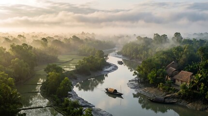 Obraz premium Aerial view of a serene river landscape with boats and trees