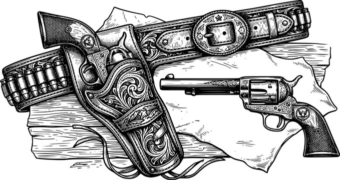 Vintage western guns and holster design vector illustration in black and white
