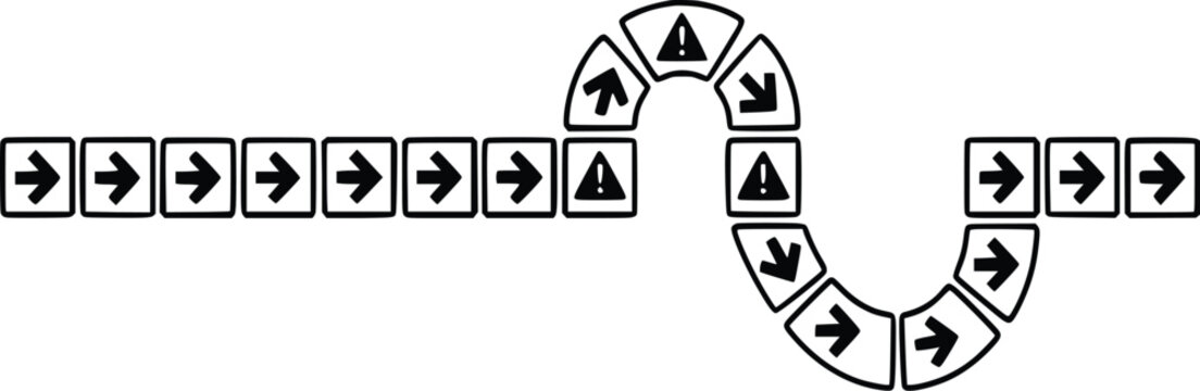 Arrow path illustration featuring square sequence icons with warning symbols following a winding route for navigation and business process concepts