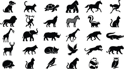 Wild Animal Silhouette Collection with Mammals Birds and Jungle Creatures in Black Vector Illustration Icon Style © Galib